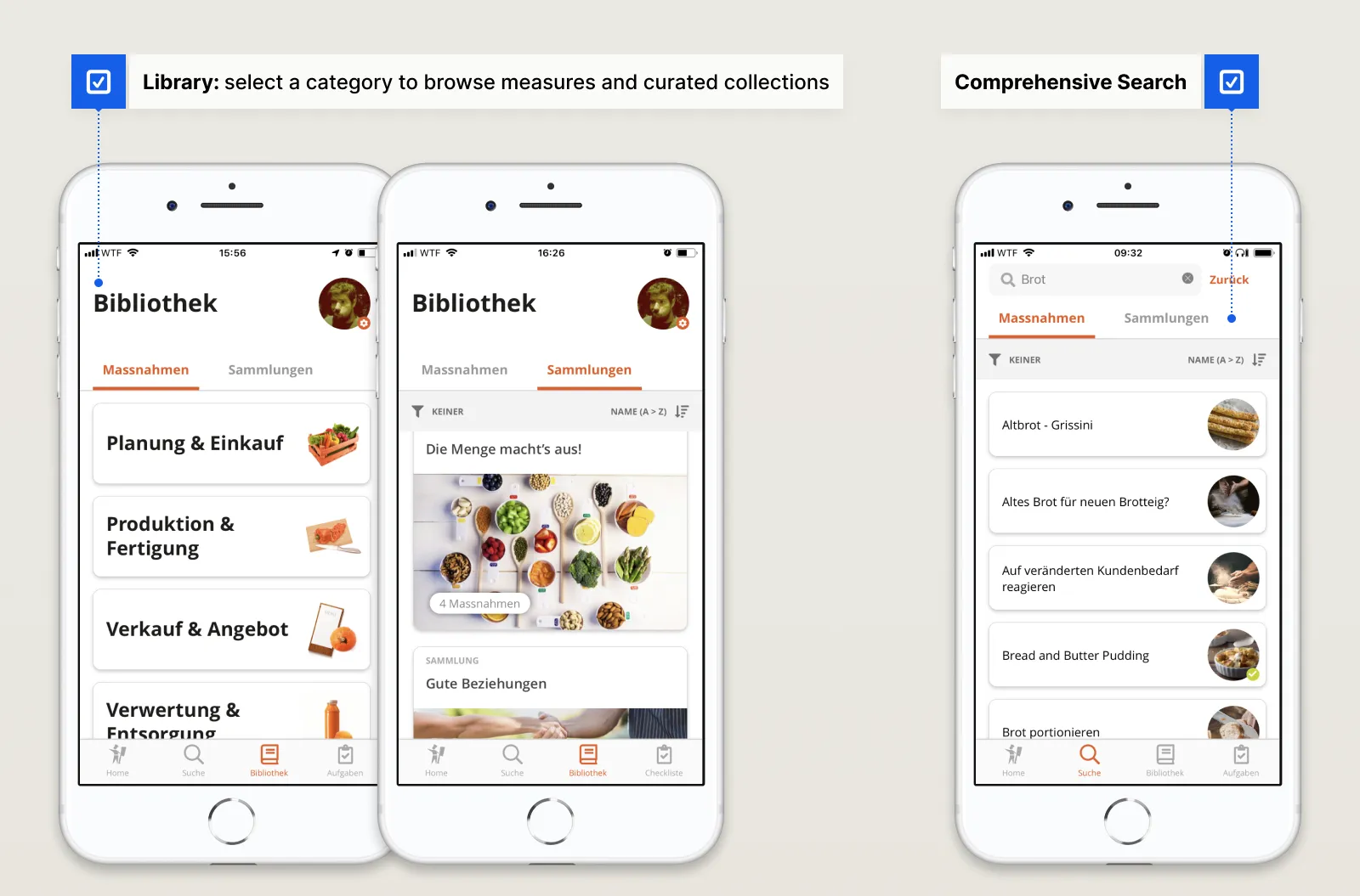 Three Food Save app screens: browsing measure categories, viewing curated collections, and searching the full measure library.