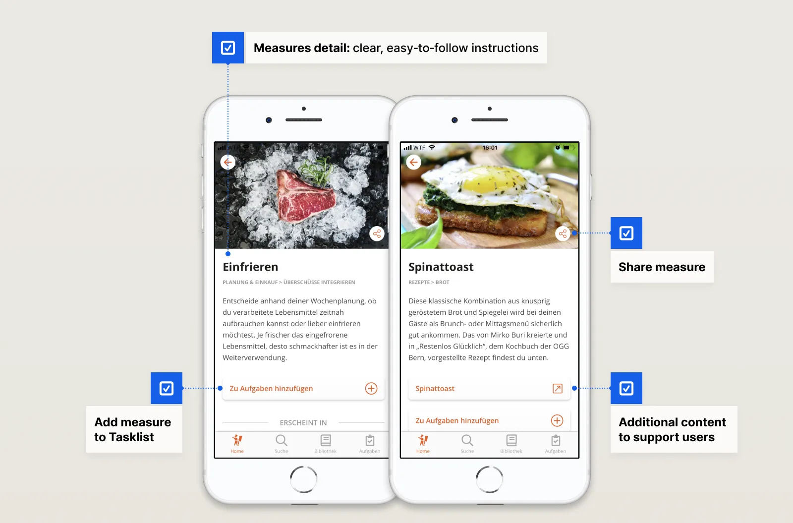 Two Food Save measure detail screens, “Freezing” and “Spinach toast,” each with an add-to-tasklist button and a share icon.