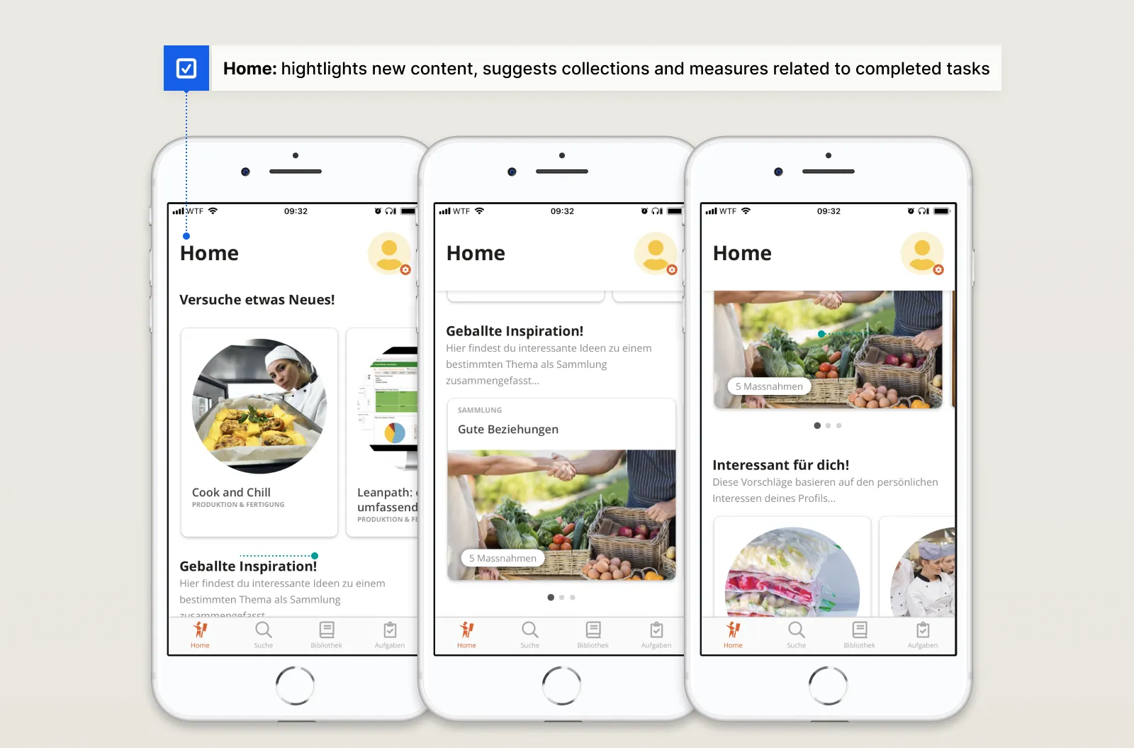 Three Food Save home screen panels showing personalized suggestions, a featured collection, and related measures.