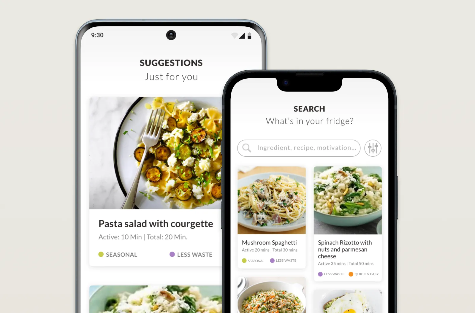MyFoodways home screen showing a ‘What’s in your fridge?’ search with example results.