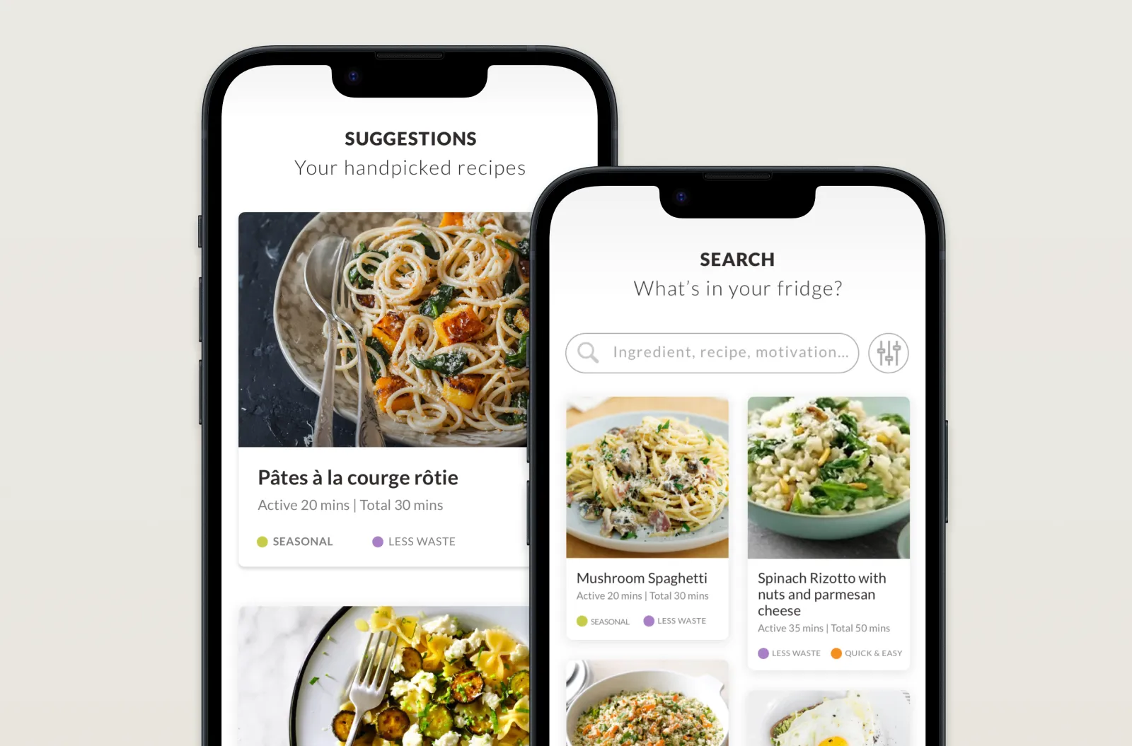 MyFoodways home screen showing a ‘What’s in your fridge?’ search with example results.