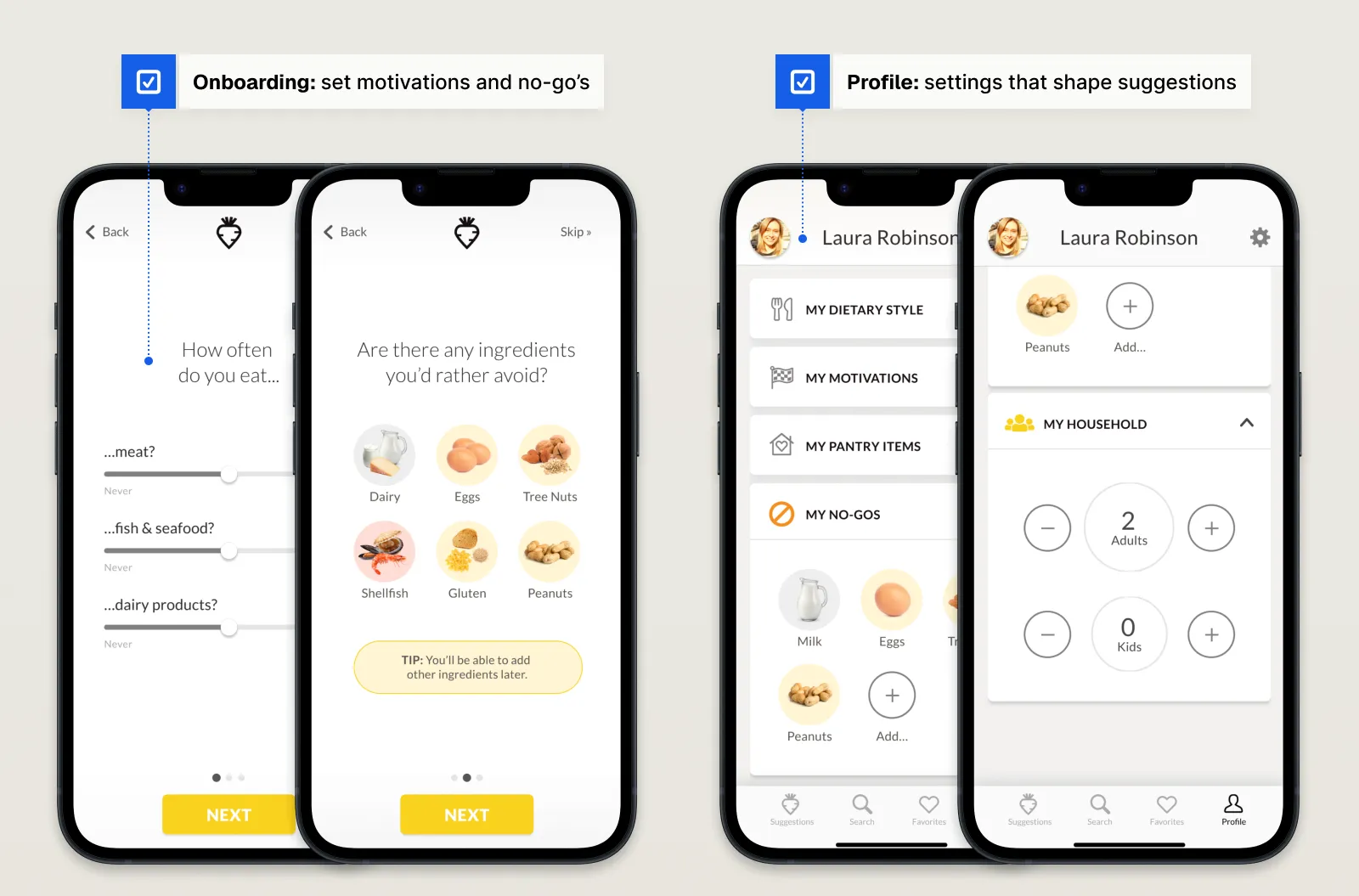 Profile screen showing ‘My no-gos’ personalization.