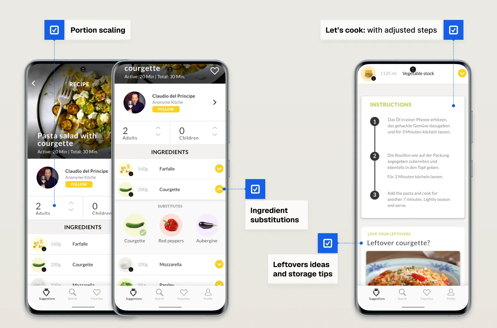 Recipe view with household-size portion scaling and yellow chevrons indicating ingredient swaps.