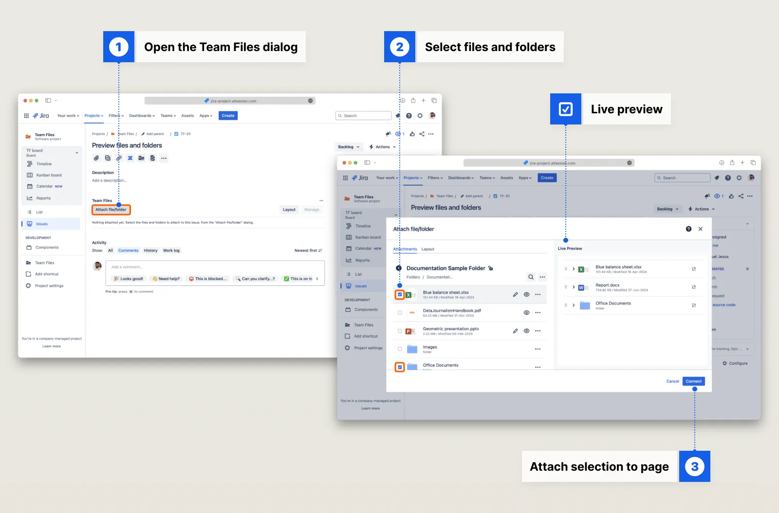 Team Files attach flow: opening the dialog, selecting files or folders, and attaching to a Jira issue, with a live preview of how attachments will look on the page.