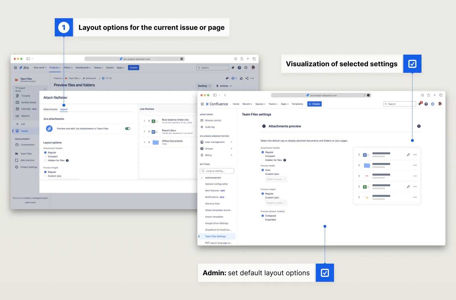 Team Files layout options showing density and display mode settings for how attached files appear.