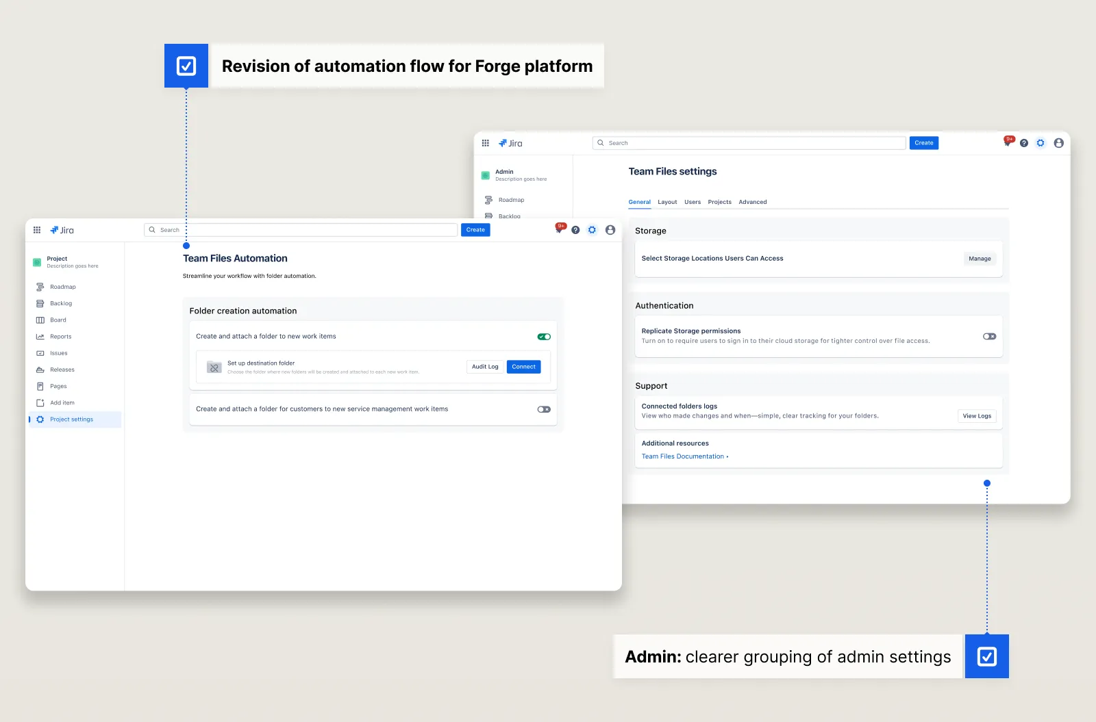 Team Files admin settings screen for managing automation flows and storage connections across projects.