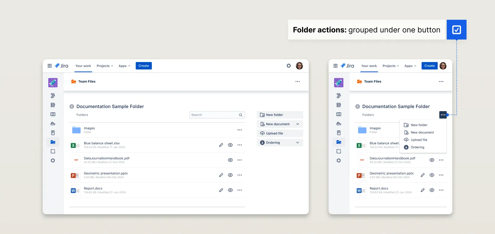 Team Files file manager in Jira at full width, with folder actions in a sidebar, and in a narrow panel, where the same actions sit under one button, shown open.