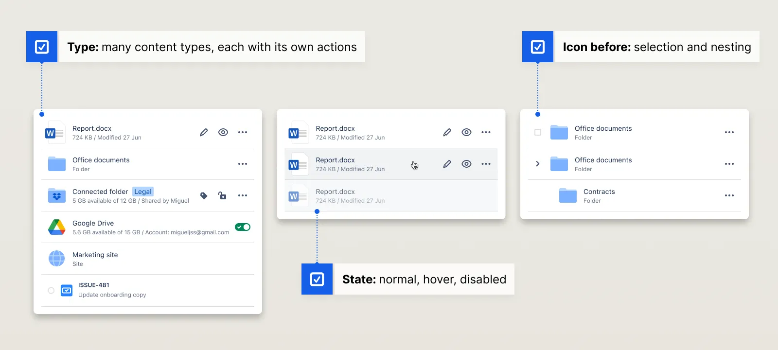 Team Files item component in three groups: content types (file, folder, connected folder, Google Drive account, site, and Jira issue), each with its own actions; normal, hover, and disabled states; and selection and nesting options shown with a checkbox, a chevron, and an indented subfolder.